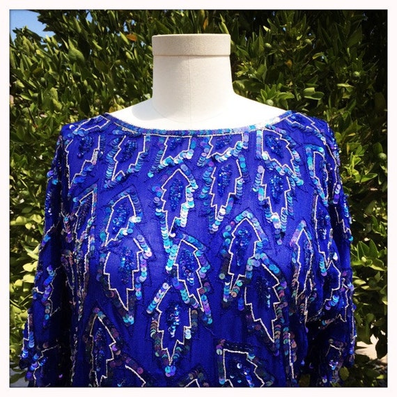 FLASHY Vintage 70s BLUE FLAME Beaded Disco Top Bo… - image 3