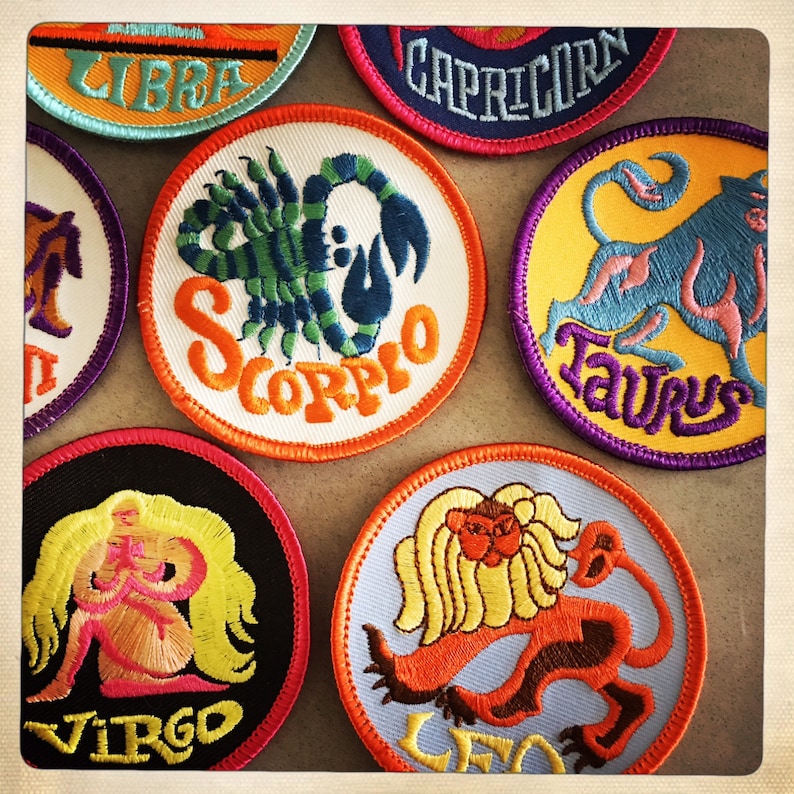 Vintage 60s 70s TRIPPY Round Embroidered ZODIAC Astrology Patches Authentic Mid Century MOD Hippy Hippie Boho image 6