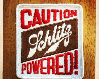 CAUTION SCHLITZ POWERED – Rectangle Schlitz Beer Patch Authentic Vintage 70s Denim Hippy Hippie Boho