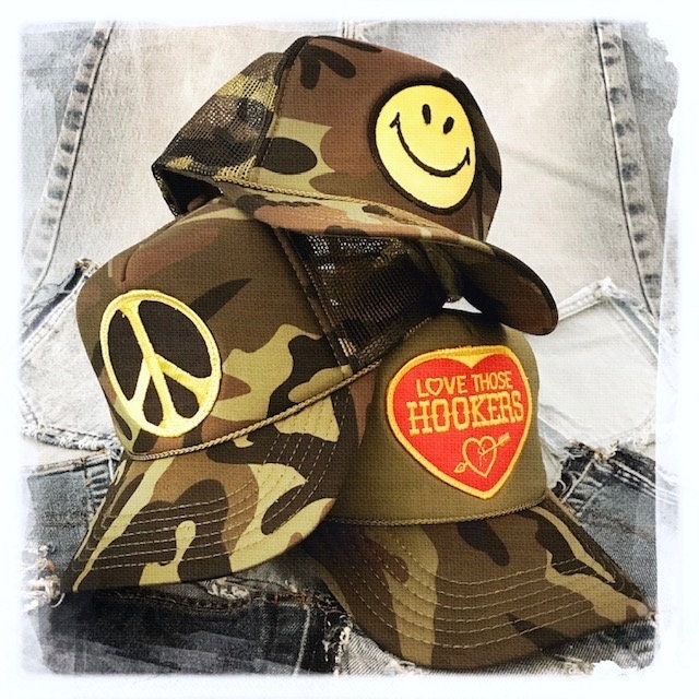 Vintage Peace Camo biker hat Camo Peace Symbol Trucker Hat - clever hats to stay stylish  main image 4
