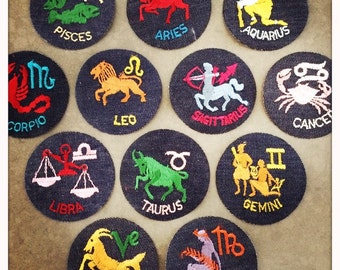 ZODIAC ASTROLOGY Round Patches Authentic Vintage 60s 70s Mid Century MOD Denim Hippy Hippie Boho