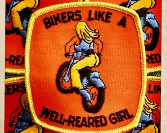 BOOTY! – 'Bikers Like a Well-Reared Girl' Rectangle Patch Authentic Vintage 70s Denim Hippy Hippie Boho Sexy Funny