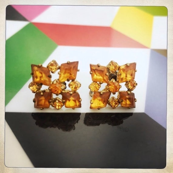 STUNNING - Vintage 50s 60s AMBER Square Cluster R… - image 1