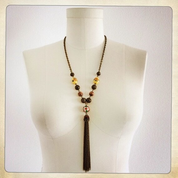 Exotic Vintage 70s Asian Beaded with Chain Tassel… - image 1