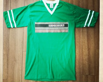 Vintage 70s HONDA NOS Deadstock GREEN Jersey Ringer Style V Neck T Shirt - Size Adult Medium