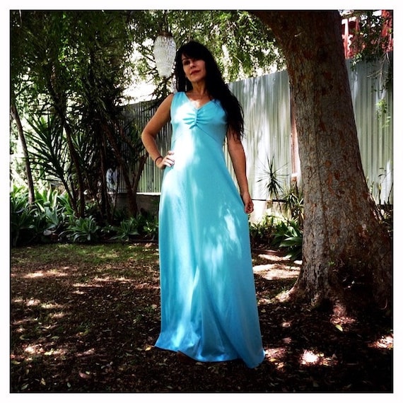 SLEEK Vintage 70s Turquoise Knit Maxi Dress Hippie Boho Studio 54 American Hustle - Size Medium