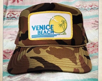 Awesome Limited Edition Vintage 70s VENICE BEACH Seagull Sun Palm Tree Patch stitched on New CAMO Snap-back Trucker Cap / Hat – Unisex