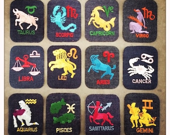 ZODIAC ASTROLOGY Rectangle Patches Authentic Vintage 60s 70s Mid Century MOD Denim Hippy Hippie Boho