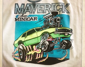 Vintage 70s 80s MUSCLE CAR Maverick Mean Mini Car NOS Deadstock Camiseta de cuello blanco - Tamaño Adulto X-Grande