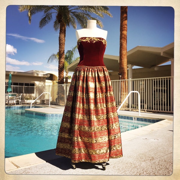 ROYAL Vintage Embroidered Crystal Red Velvet Strapless Bodice with Gold Jacquard Full Skirt BALL GOWN Dress
