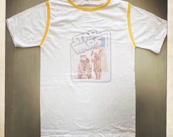 Vintage jaren '70 STAR WARS R2D2 & C3PO Deadstock NOS White Jersey Ringer Style Crew Neck T Shirt - Maat Volwassen Medium