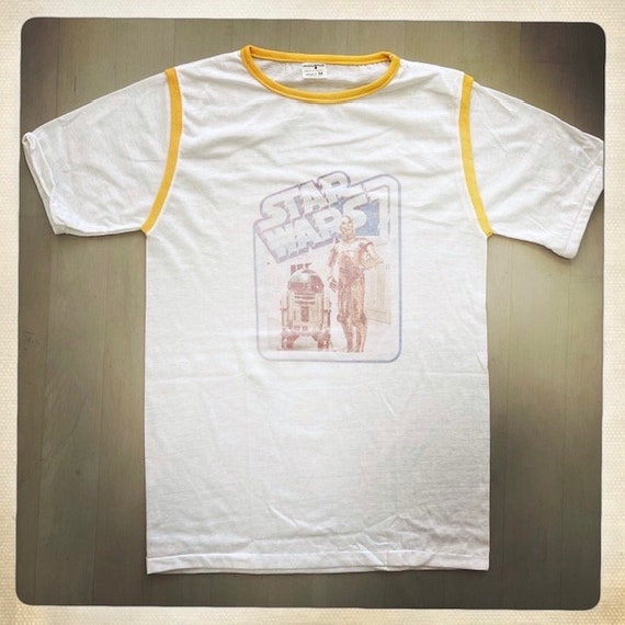 Vintage 70s STAR WARS R2D2 & C3PO Deadstock NOS White Jersey Ringer Style Crew Neck T Shirt - Size Adult Medium