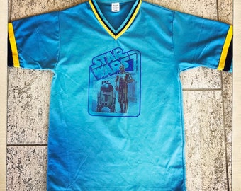 Camiseta vintage de los años 70 de Star Wars, R2D2, C3PO, stock muerto, NOS, jersey azul brillante, estilo ringer, cuello en V, talla grande para adultos