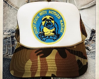 GRRR! Vintage 70s Limited Edition 'Don't Fool with MOTHER NATURE' Patch stitched on New Camouflage Snap-back Trucker Cap / Hat