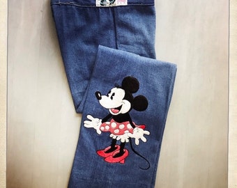 Super 70s Vintage Embroidered Minnie Mouse ANTONIO GUISEPPE Bell Bottom Denim Jeans - Size 28w x 30L - Hippie Boho Western