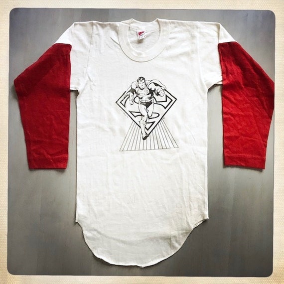 KIDS Vintage 60s SUPERMAN Baseball Style Cream T-… - image 2