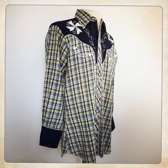 YEEHAW! Men's Navy Blue Plaid Vintage 70s HbarC C… - image 3