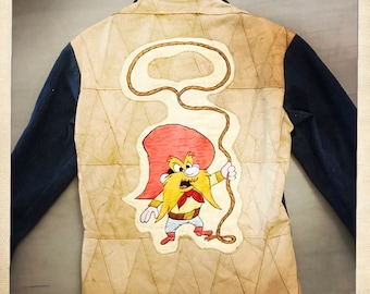 Amazing Vintage 70s Embroidered Yosemite Sam ANTONIO GUISEPPE Denim Leather Patchwork Shirt Jacket - Size Small - Unisex Slim Fit