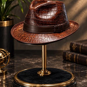 Puede incluir: Un sombrero fedora marrón con un patrón texturizado de piel de cocodrilo y una banda de cuero marrón oscuro lisa con una hebilla lateral. El sombrero se exhibe en un soporte dorado. El texto AVEYNX Leather Co es visible en la esquina superior derecha.
