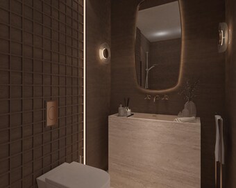 May include: A modern bathroom with a brown tiled wall and a white toilet. A rectangular stone vanity with a mirror and a towel rack are also visible. The room is illuminated by warm lighting.