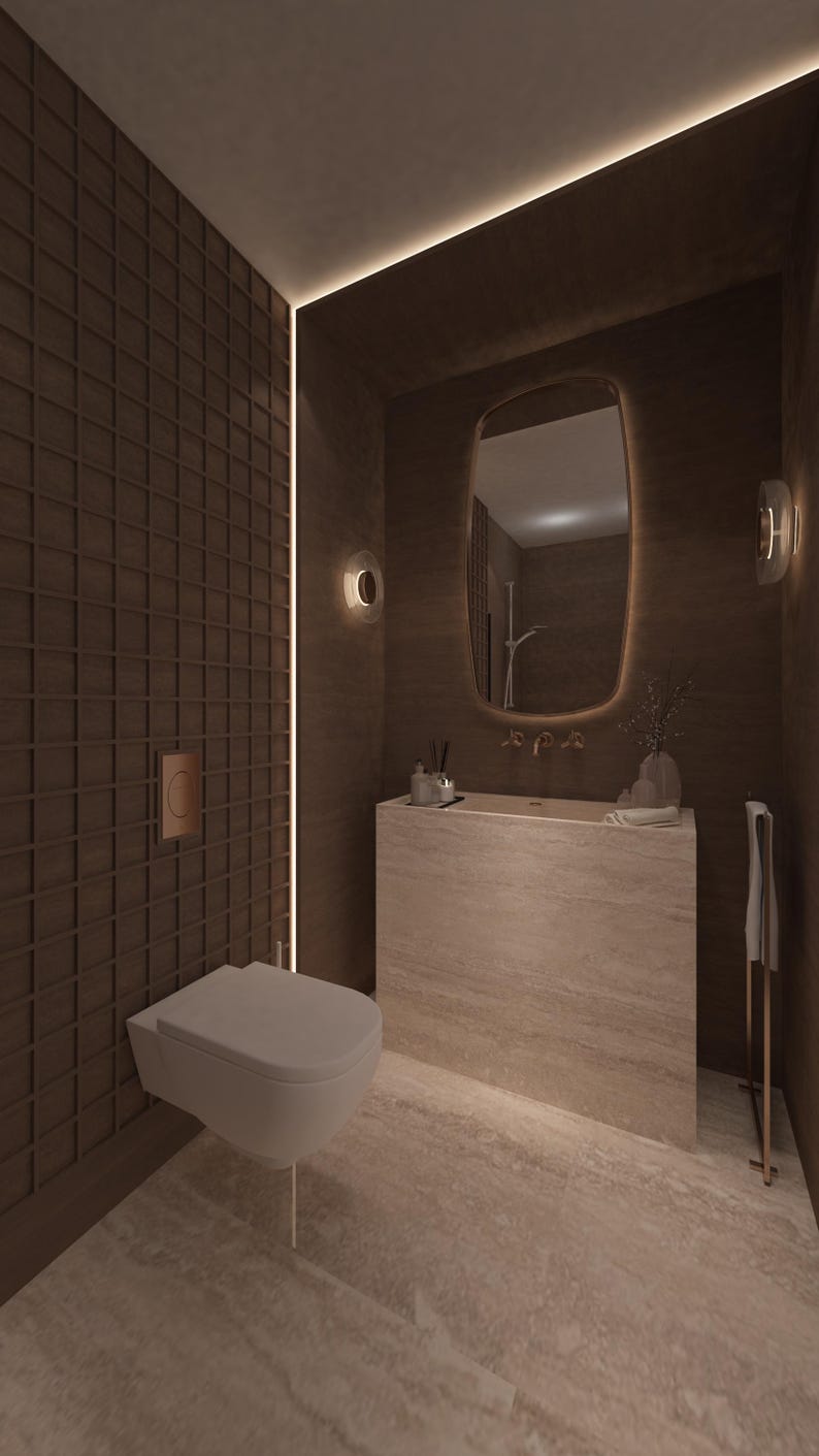 May include: A modern bathroom with a brown tiled wall and a white toilet. A rectangular stone vanity with a mirror and a towel rack are also visible. The room is illuminated by warm lighting.