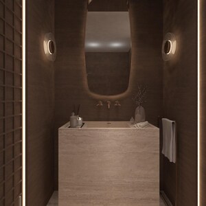 May include: A modern bathroom interior with a rectangular stone sink and a large, curved mirror. The walls are a dark brown, and the space is illuminated by soft lighting. Decorative items include a vase with greenery and a towel rack.