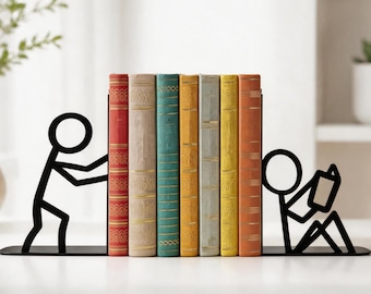 Cute Stick Figure Metal Bookends, Gift for Book Lovers | Reader Present, Modern Abstract Line Art Book Holder for Home Office Desk Decor