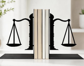 Scales of Justice Metal Bookends, Lawyer Book Stopper | Vintage Iron Book Holder, Unique Attorney Gift for Office & Bookshelf Decor