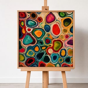 Può includere: Dipinto astratto con cornice in legno, esposto su un cavalletto di legno. L'opera presenta un motivo colorato di forme organiche sovrapposte nelle tonalità di rosso, blu, verde, giallo e arancione. Il dipinto ha un aspetto strutturato.