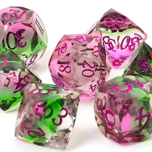 Sharp Edge Resin Dice Set,Pink Green Transparent Polyhedral Dice for D&D,TRPG Tabletop Game,Role Playing Game Dice Gift