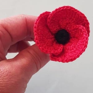 May include: A handmade, crocheted red poppy flower with a black center. The flower is in full bloom, showcasing detailed stitching and a textured appearance. The poppy is a symbol of remembrance.