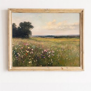 Expansive Wildflower Meadow Painting, Vintage Pastoral Landscape Art (Digital Download)