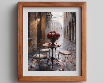 Romantic Bistro Rome Scene with Red Flowers, Cozy Vintage European Street Art (Digital Download)