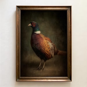 May include: A framed painting of a pheasant. The bird has a red face, a green and white neck, and a brown and orange body. The painting is in a dark, moody style, with a brown frame.