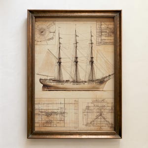 May include: A framed print featuring a detailed technical drawing of a three-masted sailing ship in sepia tones. The artwork includes side-view schematics, rigging details, and structural cross-section diagrams on a parchment-style background.