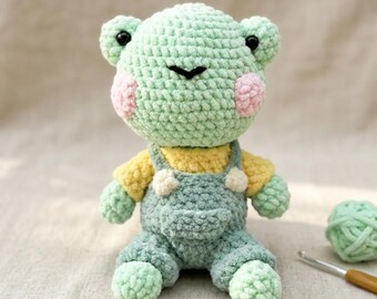 Crochet Frog Plushie, Chenille Yarn Overalls Toy, Kawaii Animal Nursery Decor