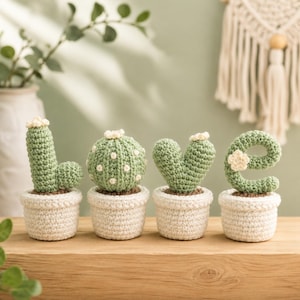 Op de afbeelding: Vier gehaakte groene cactussen in kleine witte potjes, gerangschikt om het woord LOVE te spellen. Elke cactus heeft unieke vormen en kleine witte bloemaccenten, waarbij de letter e wordt gevormd door een gebogen cactusstengel met een bloem.