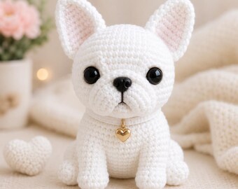 White Crochet French Bulldog Plush | Handmade Amigurumi Puppy Dog Decor
