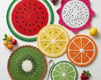 Handmade Crochet Fruit Coasters – Watermelon, Lemon, Orange, Kiwi, Dragon Fruit Set – Kitchen Decor