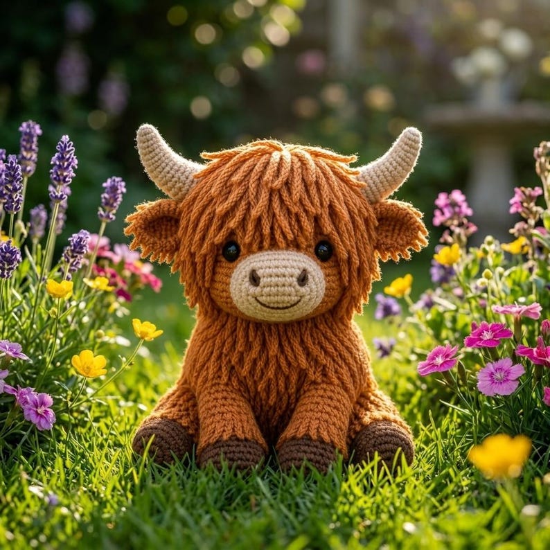 May include: A handmade crochet Highland cow plush toy with brown and tan yarn. The plush has a shaggy mane, small horns, and is sitting in a bed of green grass and colorful flowers. The cow has a smiling face.