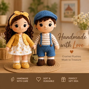 May include: Two crochet plush dolls standing side by side. The left doll has long brown hair, a yellow headband, a yellow cardigan, and a white floral dress. The right doll wears a blue cap, a striped shirt, blue overalls, and brown shoes.