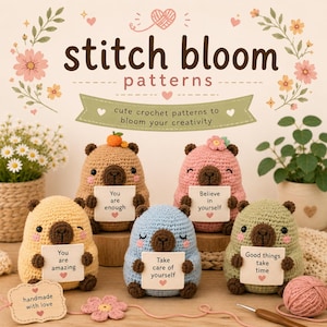 May include: A promotional image for "stitch bloom patterns" featuring five colorful crochet bear figurines, each holding a sign with an inspirational message. The text "stitch bloom patterns" and "cute crochet patterns to bloom your creativity" are also displayed.