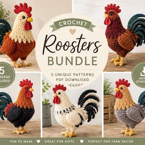 Puede incluir: Un gráfico digital que presenta cinco figuras de gallos de ganchillo distintas en varias combinaciones de colores, incluyendo crema, marrón, negro y gris. El texto central dice CROCHET Roosters BUNDLE, 5 UNIQUE PATTERNS PDF DOWNLOAD, 5 PATTERNS INCLUDED e INSTANT DOWNLOAD.