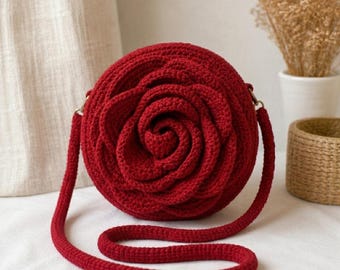Bolso de ganchillo rojo con rosa – Bolso bandolera floral hecho a mano – Bolso de mano de punto con flores
