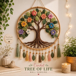 5 patrones de ganchillo para colgar en la pared en formato PDF - Decoración floral bohemia con árbol de la vida y luna