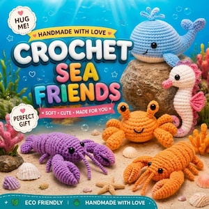 Virkad Sea Friends Bundle, Amigurumi Havsdjur PDF-mönster utan sömnad