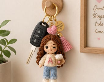 Handmade Crochet Doll Keychain | Amigurumi Girl Bag Charm, Coffee Cup Tassel Accessory