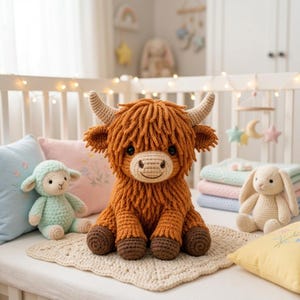 May include: A handmade crochet Highland cow plush toy with brown and tan yarn. The plush has a shaggy mane, horns, and a smiling face. It is sitting on a cream-colored crocheted blanket, with other plush toys and pillows in the background.