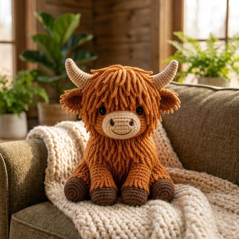 May include: A crocheted Highland cow plush toy with a shaggy, rust-colored body and a cream-colored face. It has small, dark eyes, a smiling mouth, and tan horns. The cow is sitting on a cream-colored blanket.