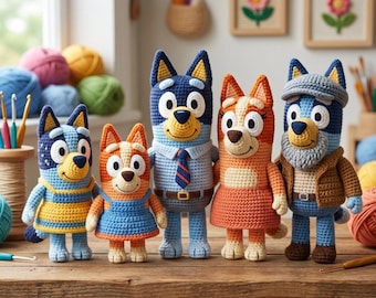 Handmade Crochet Bluey Family Dolls | Amigurumi Blue Heeler Plush Toys, Nursery Decor